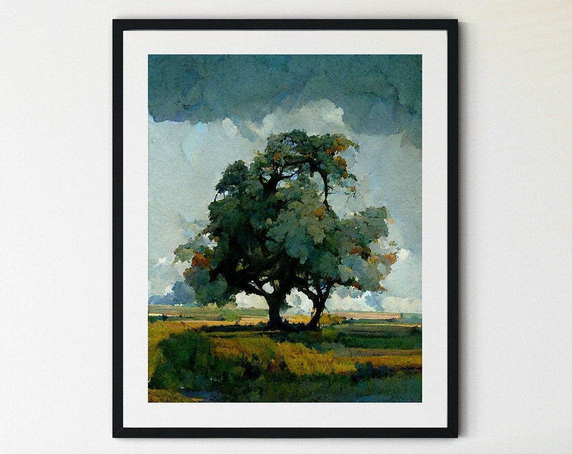 Solitary Tree in a Golden Field Under Storm Clouds Oil Style Poster