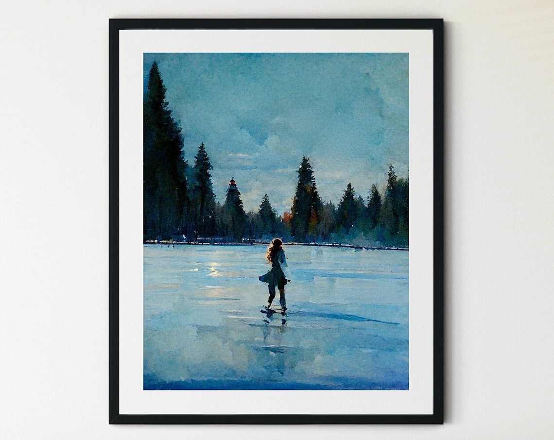 Woman Ice Skating on Frozen Lake Pine Trees Winter Scene Poster
