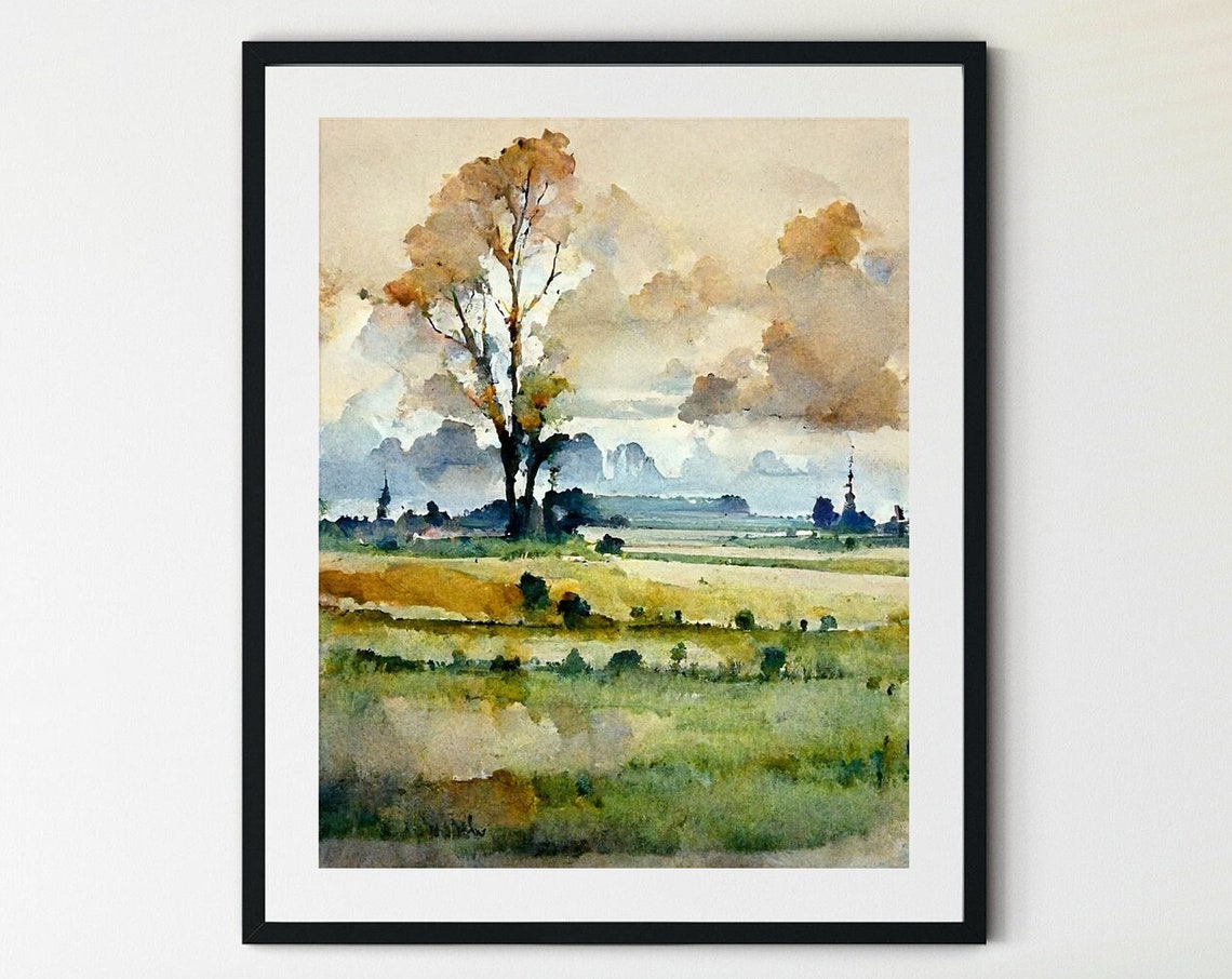 Lone Tree Meadow Soft Clouds Watercolor Tranquil Landscape Poster
