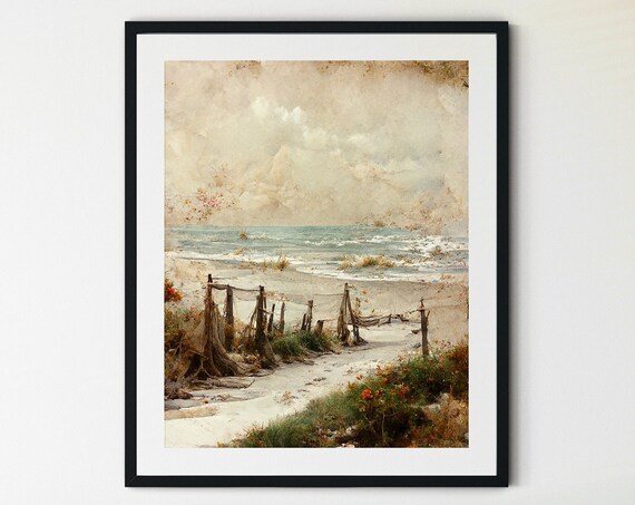 Vintage Beach with Old Fishing Nets and Rolling Waves Art Print