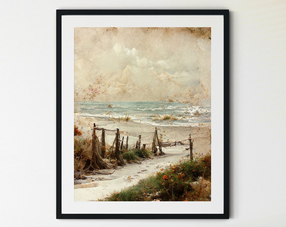 Vintage Beach with Old Fishing Nets and Rolling Waves Art Print
