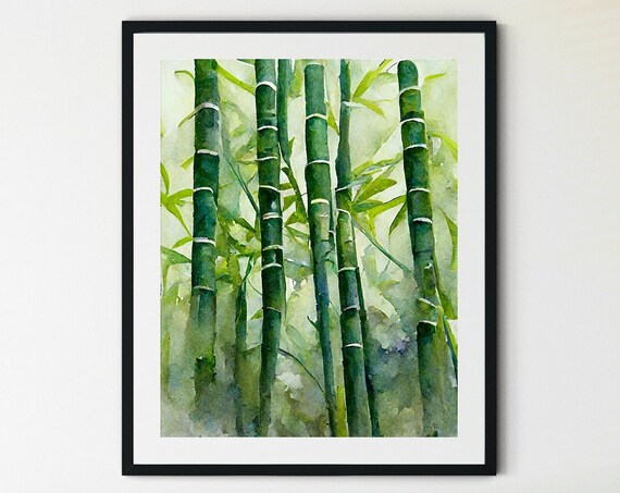 Tall Green Bamboo Stalks in Soft Morning Mist Watercolor Art Poster
