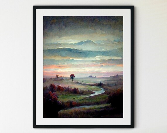 River Valley Sunset Watercolor Rolling Hills Landscape Poster