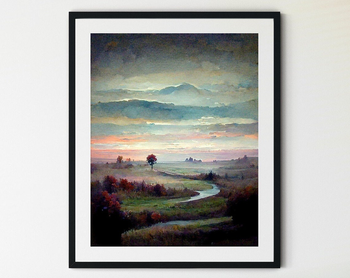 River Valley Sunset Watercolor Rolling Hills Landscape Poster