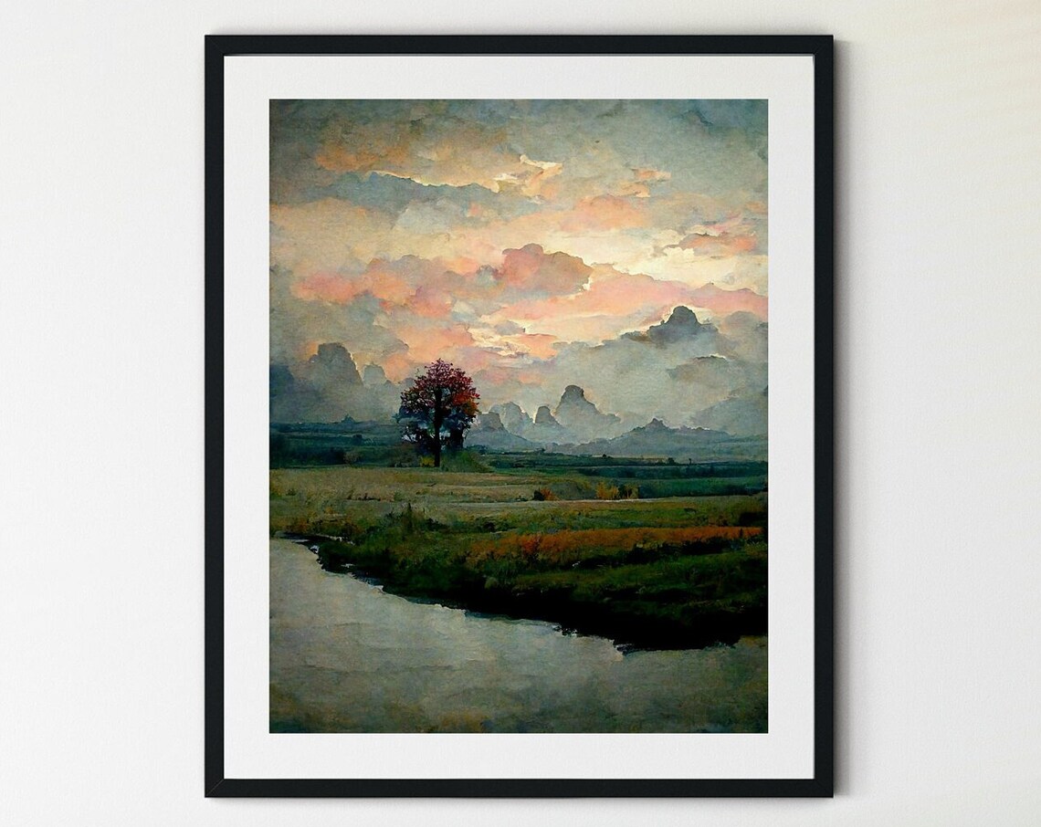 Watercolor Winter Forest Landscape Art Print, Pastel Clouds