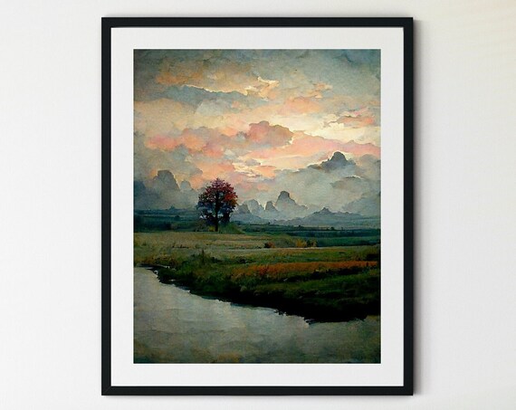 Watercolor Winter Forest Landscape Art Print, Pastel Clouds