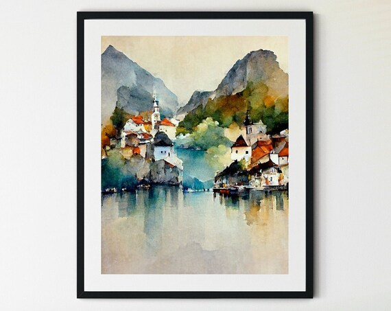 Hallstatt Austria Print Austria Painting Landscape Art Print Mountain Wall Art Mountain Wall Decor Mountain Print Mountain Lover Gift