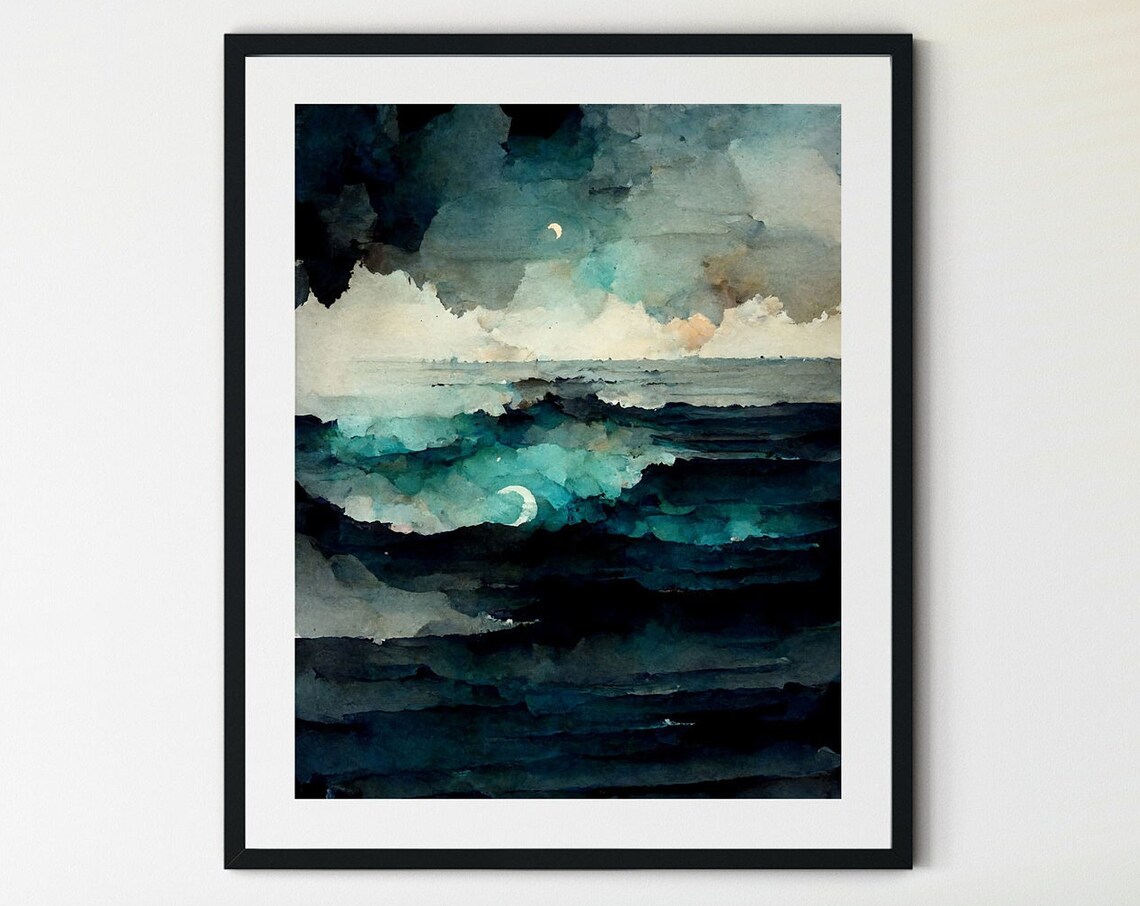 Dark Moonlit Ocean Waves Night Sea Watercolor Moody Coastal Poster