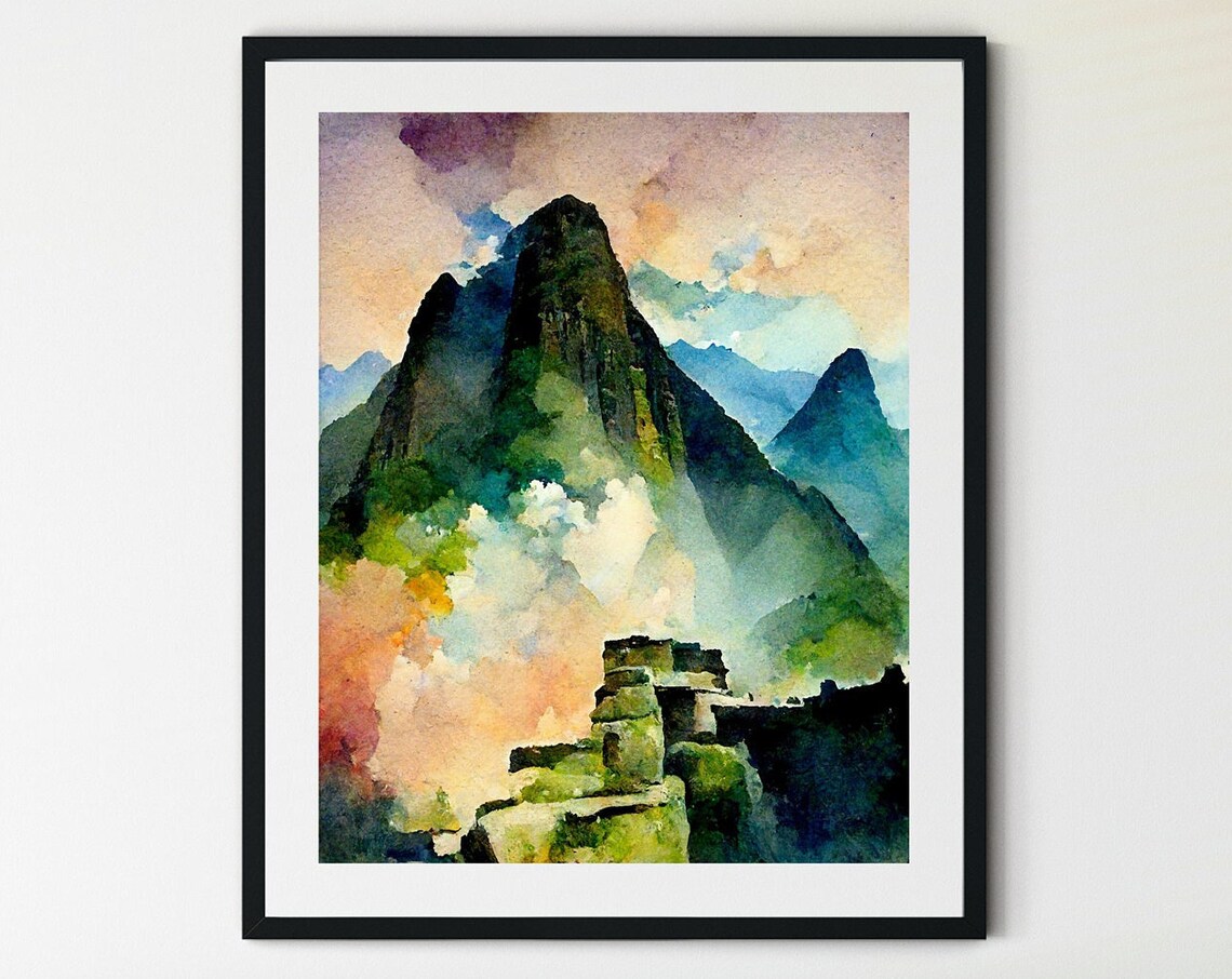 Machu Picchu Peru Andes Watercolor Mountain Ruins Travel Poster
