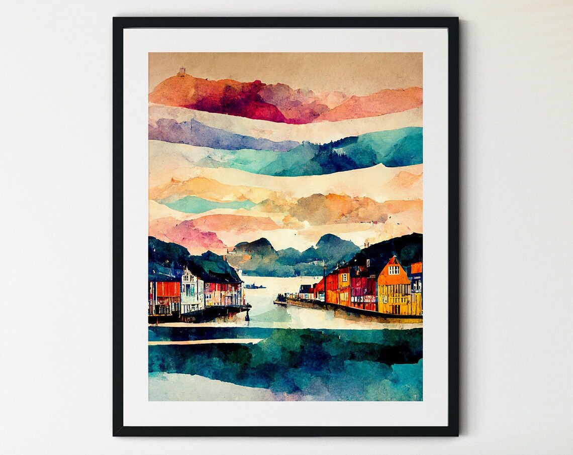 Bergen Norway Bryggen Waterfront Colorful Houses Watercolor Poster