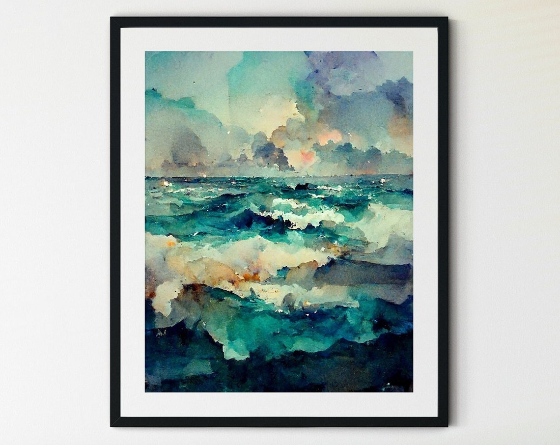 Turquoise Ocean Waves Sunset Clouds Watercolor Dramatic Sea Poster
