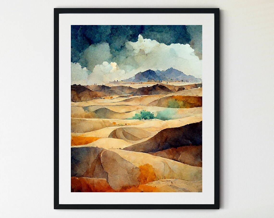 Desert Dunes Storm Sky Moody Watercolor Landscape Scenic Poster