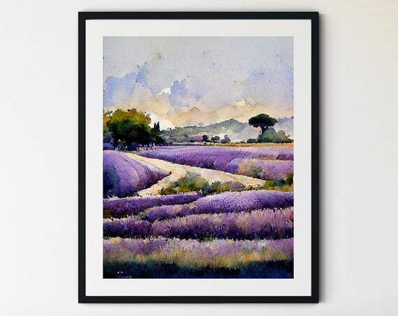 Winding Path Through Purple Lavender Fields Watercolor Landscape Poster
