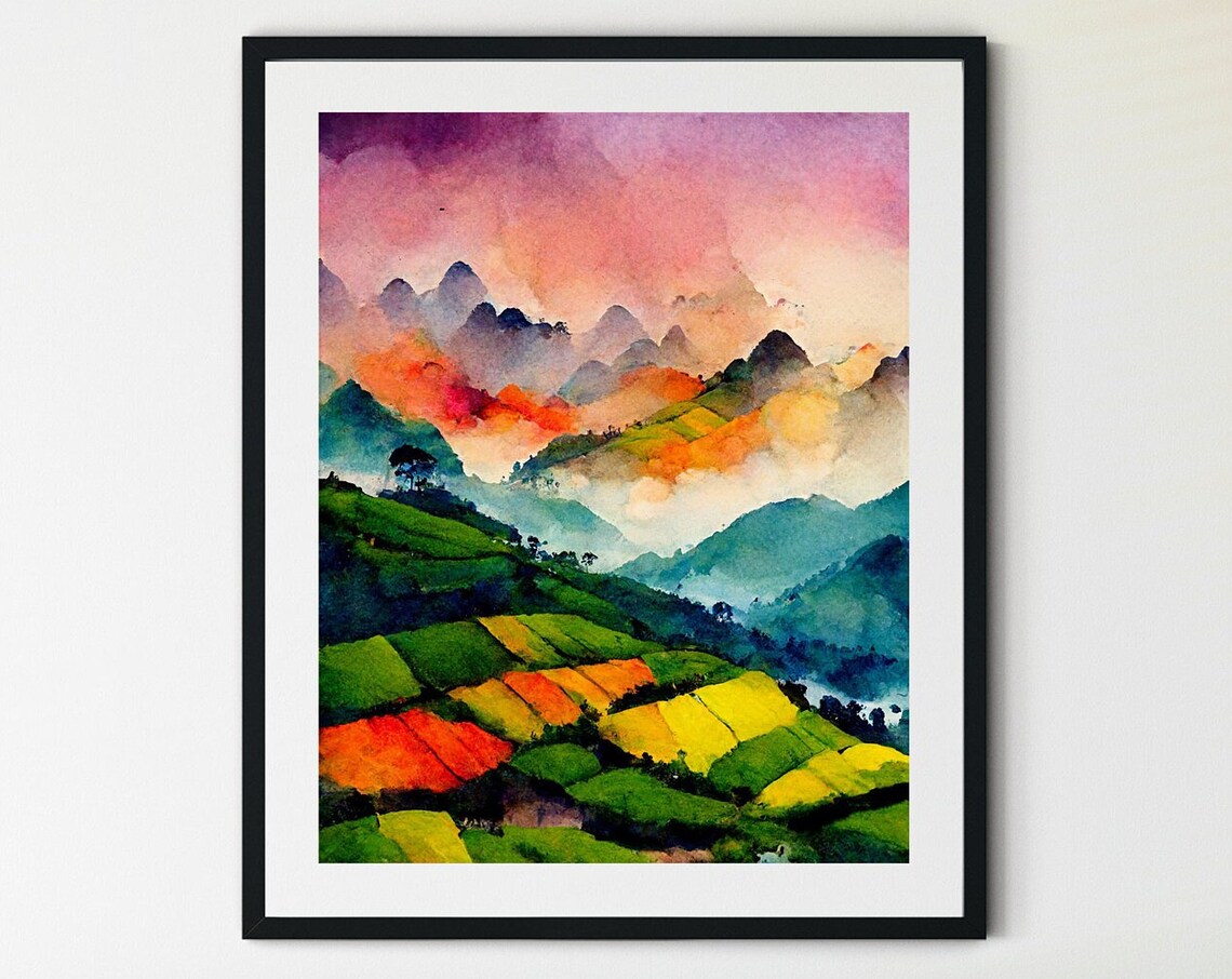 Vietnam Rice Terraces Misty Mountains Watercolor Sunset Poster