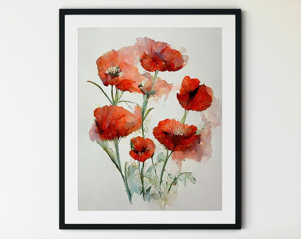 Red Poppy Stems Loose Watercolor Gray Wash Floral Botanical Poster
