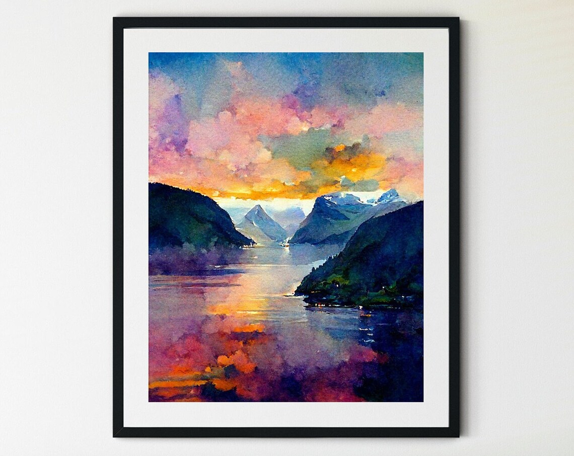 Norwegian Fjord Purple Sunset Mountains Lake Watercolor Poster