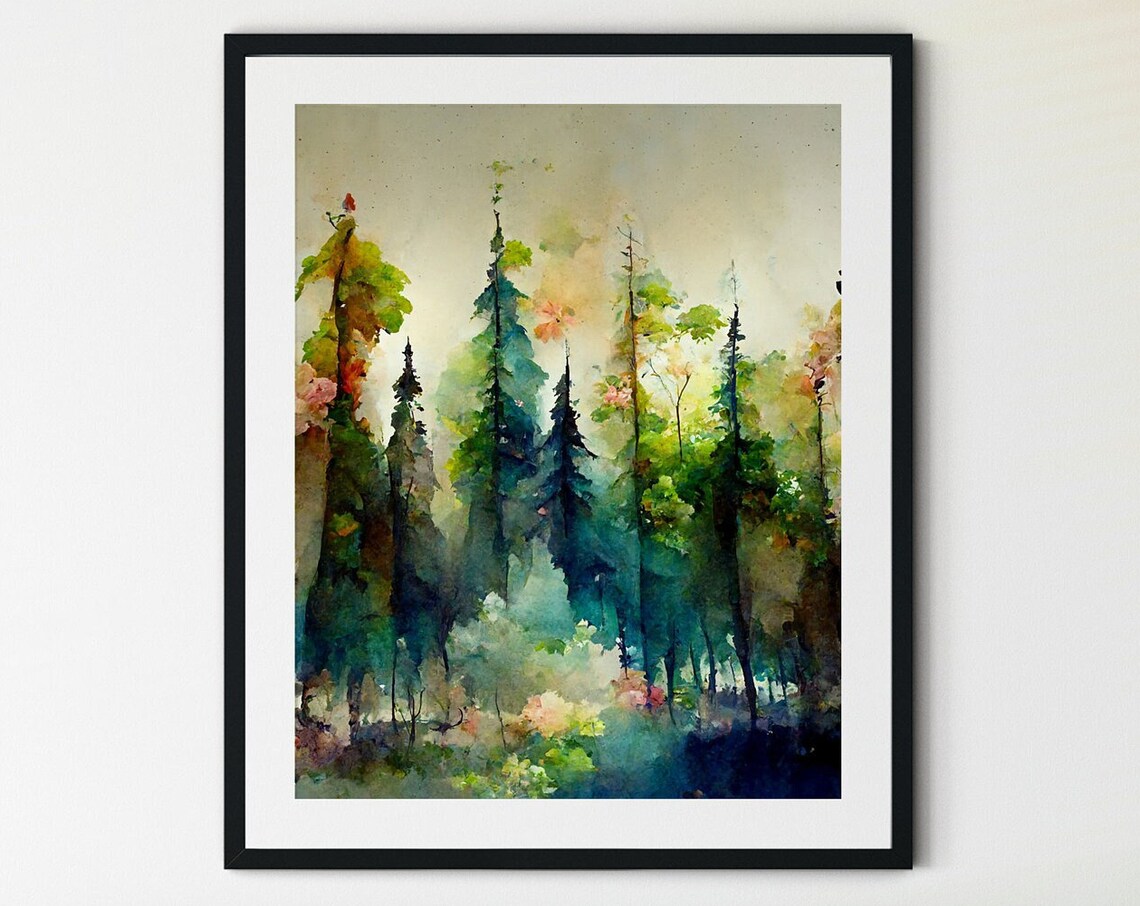 Misty Evergreen Forest Watercolor Green Pines Calm Nature Poster