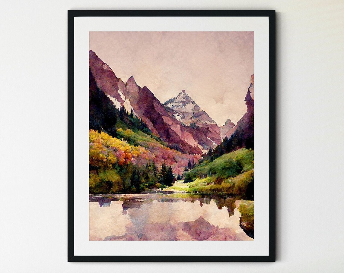 Maroon Bells Aspen Lake Mirror Reflection Scenic Watercolor Poster