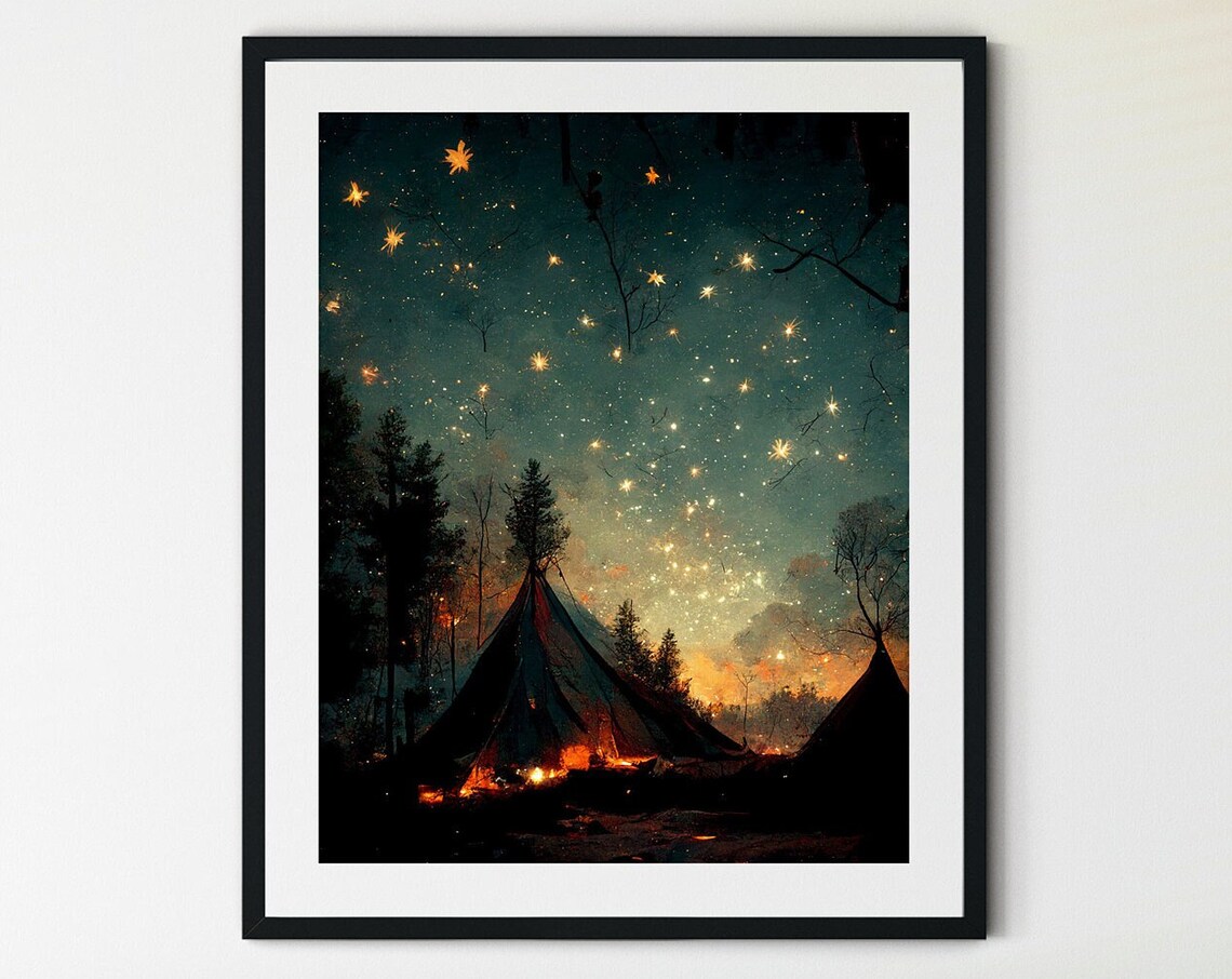 Camping At Night Campfire Art Print, Cabin Decor