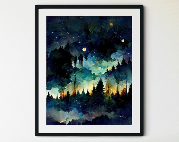 Starry Night In The Forest Night Sky Watercolor Starry Night Print Night Sky Print Forest Fantasy Night Sky Wall Decor Forest Painting