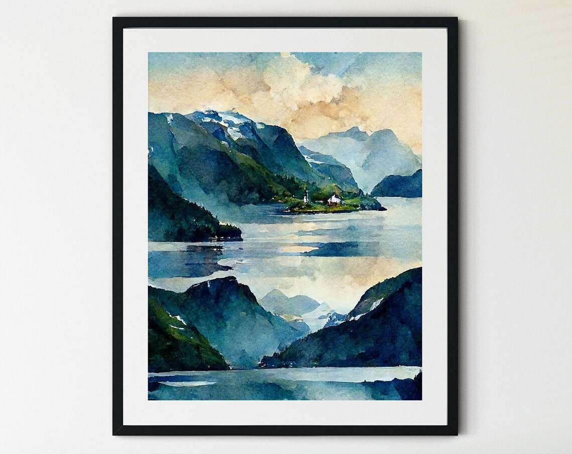 Norwegian Fjord Snow Peaks Village Watercolor Mountain Lake Poster