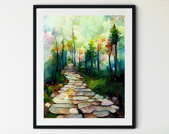 Forest Path Watercolor Art Print, Wilderness Scene