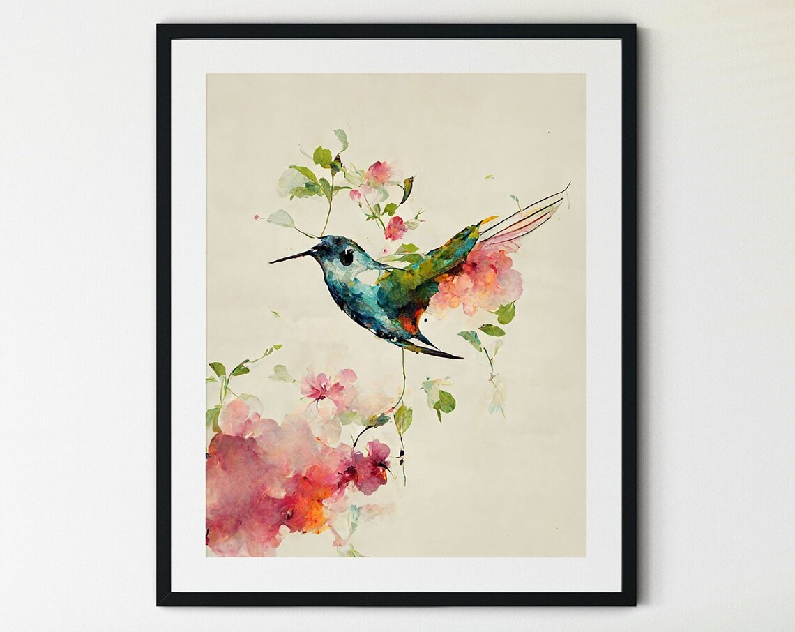 Hummingbird Pink Blossoms Delicate Spring Watercolor Scenic Poster