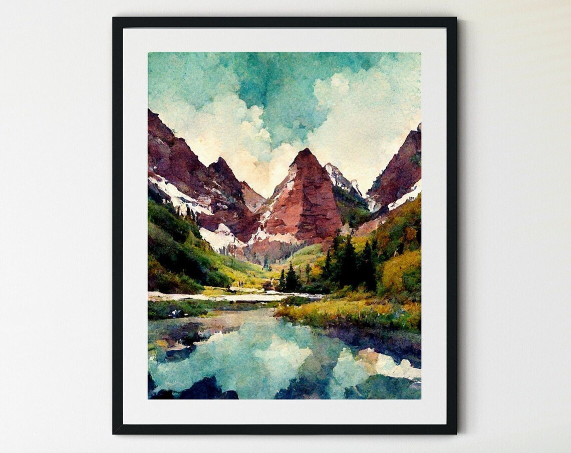Maroon Bells Colorado Red Peaks Alpine Lake Watercolor Poster