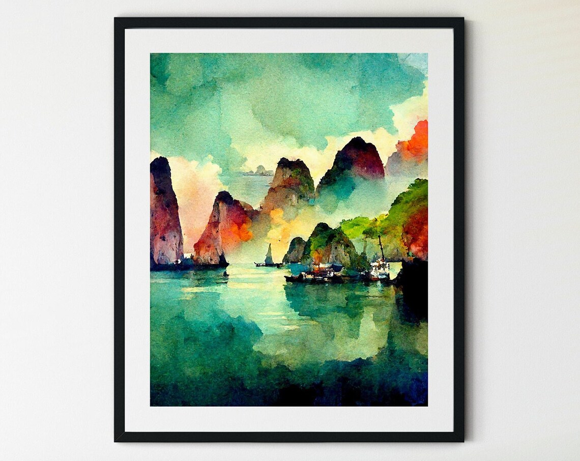 Ha Long Bay Vietnam Karst Peaks Boats Colorful Sky Travel Poster