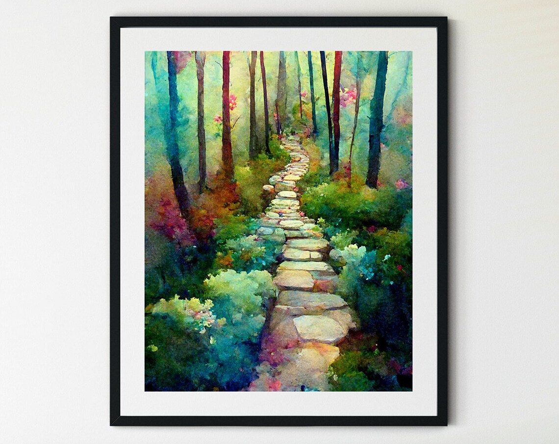 Enchanted Forest Stone Path Watercolor Colorful Trees Garden Poster