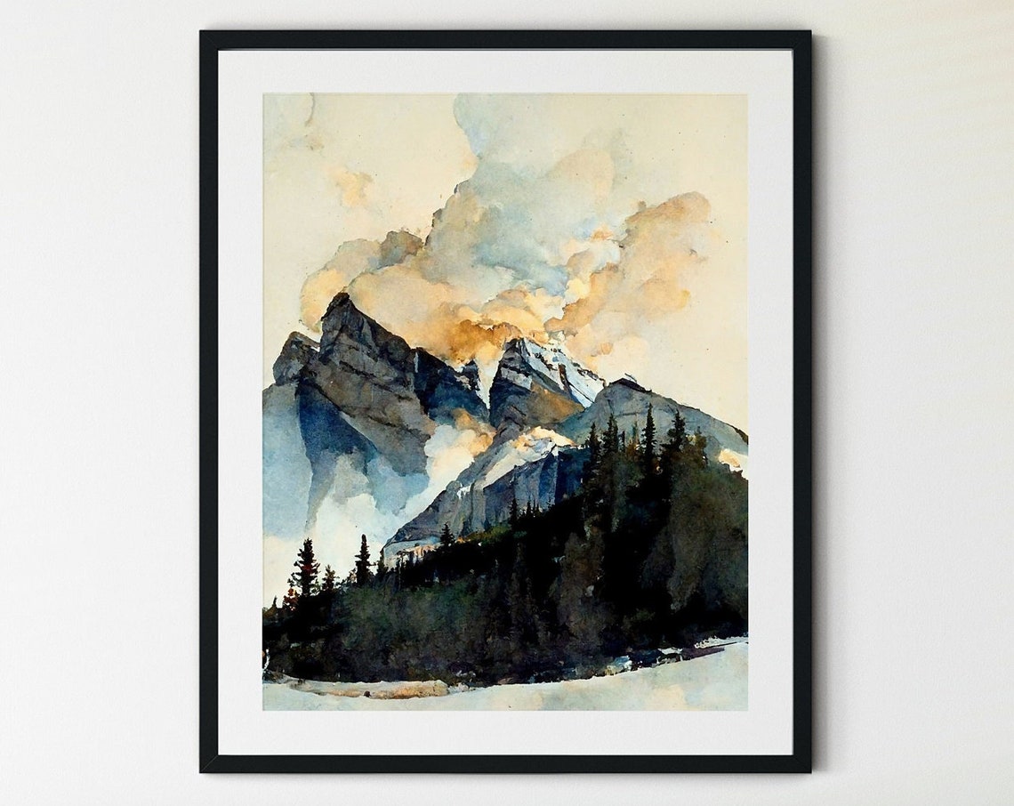 Banff Rocky Mountain Watercolor Print Misty Peaks Pine Forest Art