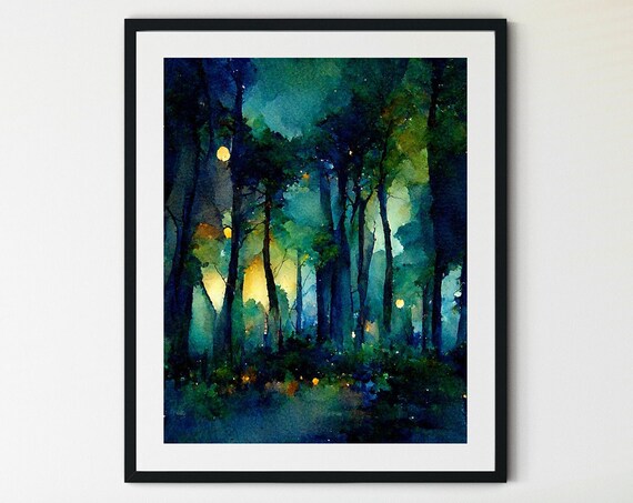 Starry Night In The Forest Night Sky Watercolor Starry Night Print Night Sky Print Forest Fantasy Night Sky Wall Decor Forest Painting