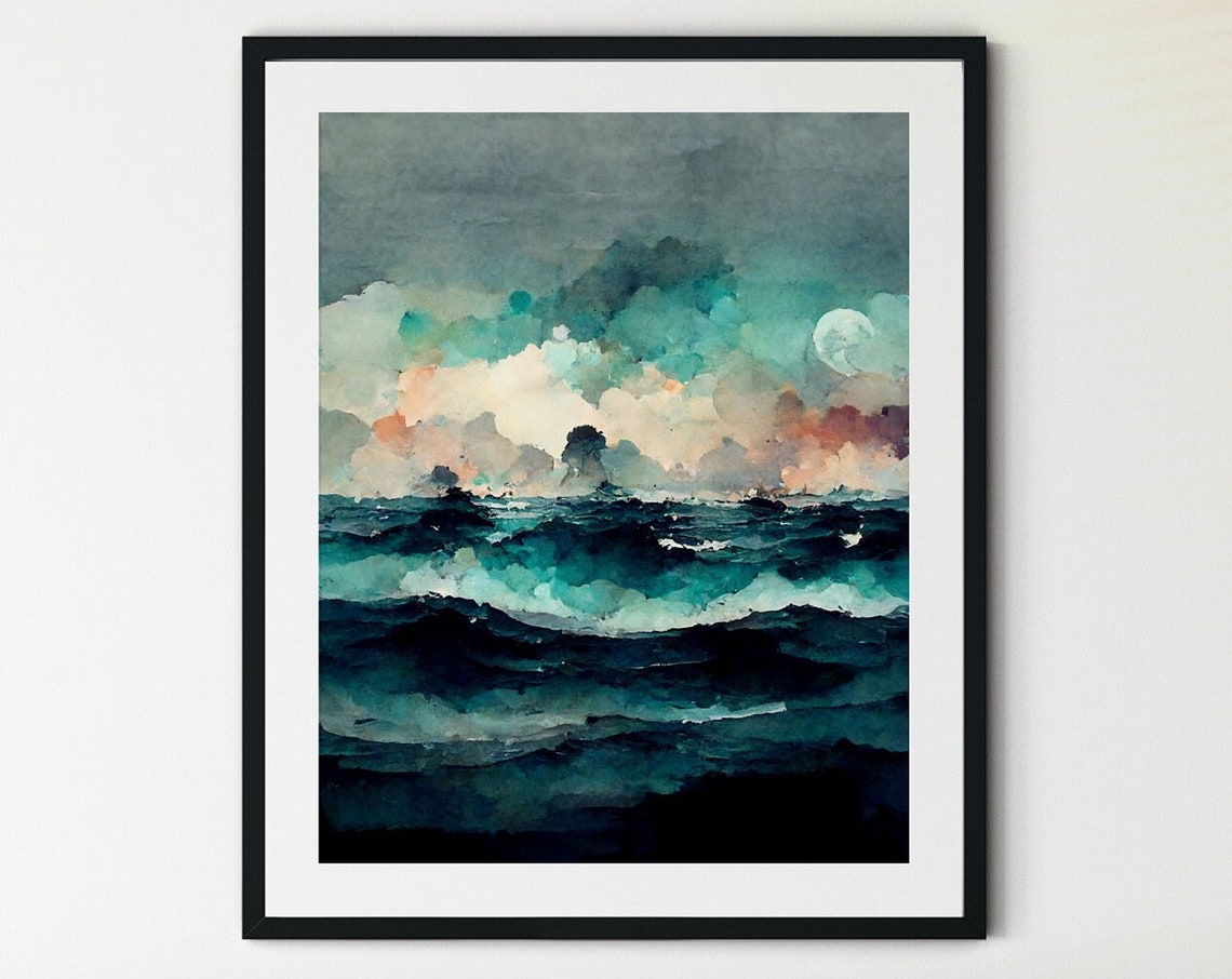 Turquoise Ocean Waves Moonlit Clouds Watercolor Coastal Art Poster