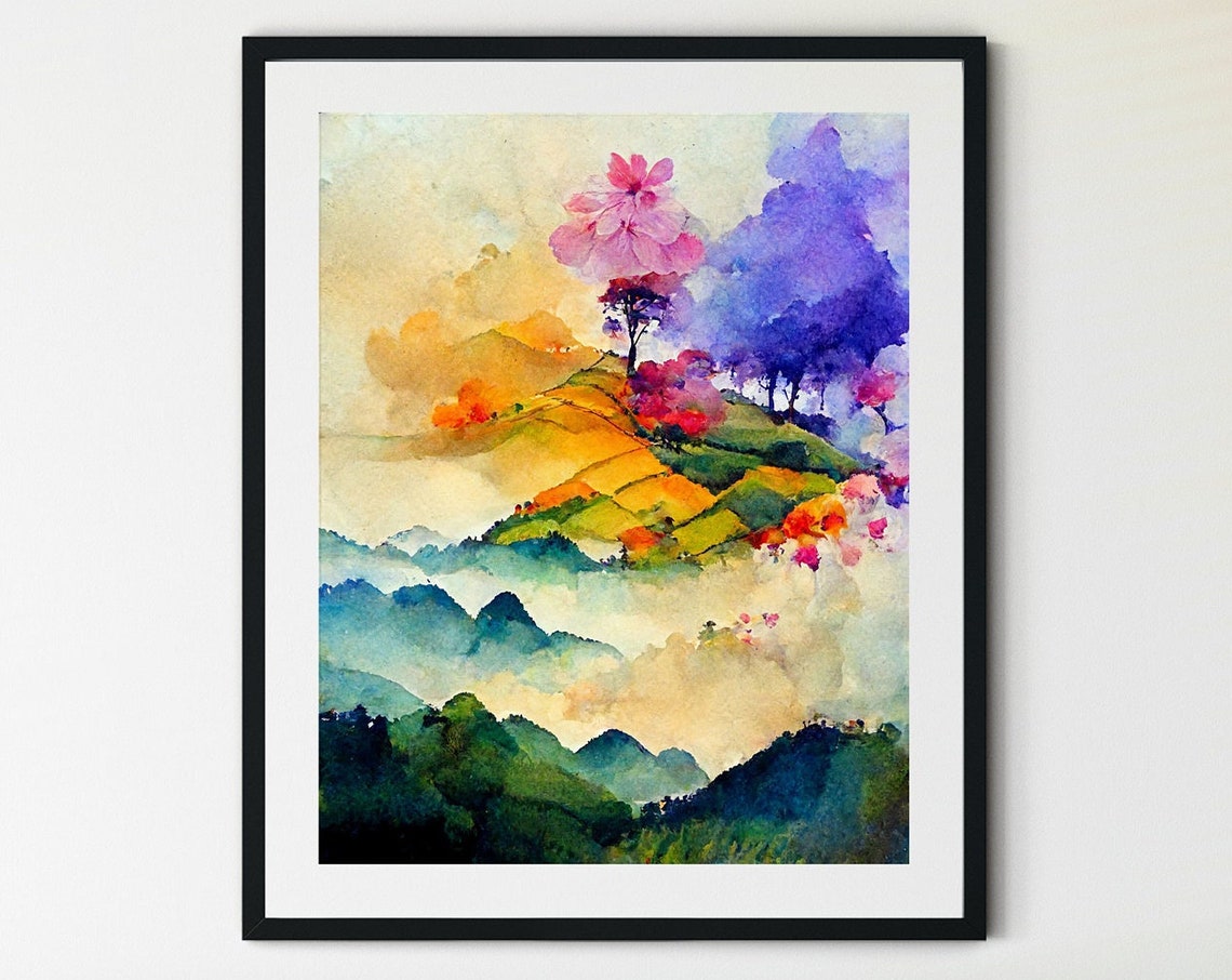 Vietnam Flower Hill Terraces Misty Valley Watercolor Travel Poster
