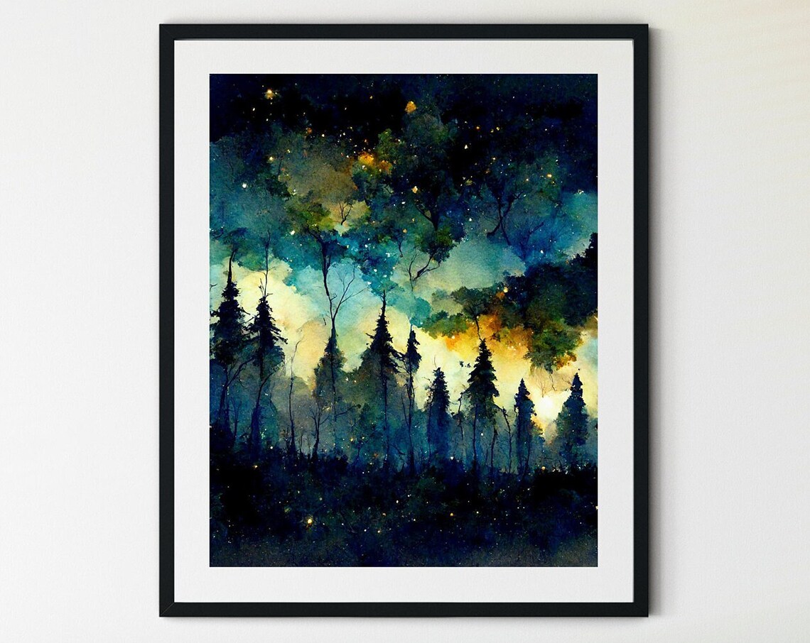 Starry Night In The Forest Watercolor Art Print