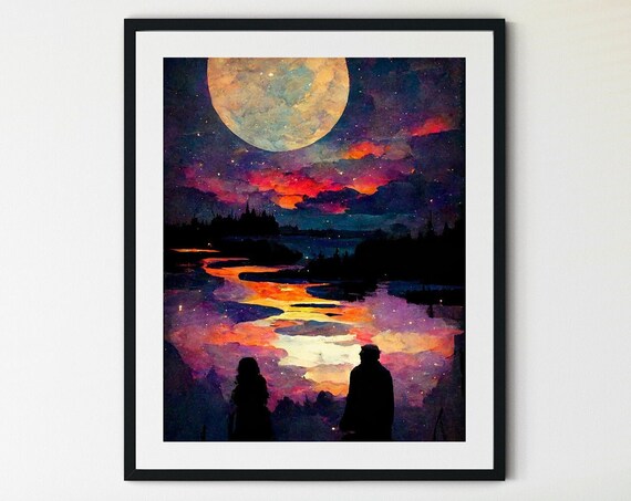 Night Sky Print, Full Moon Moon Phase Art