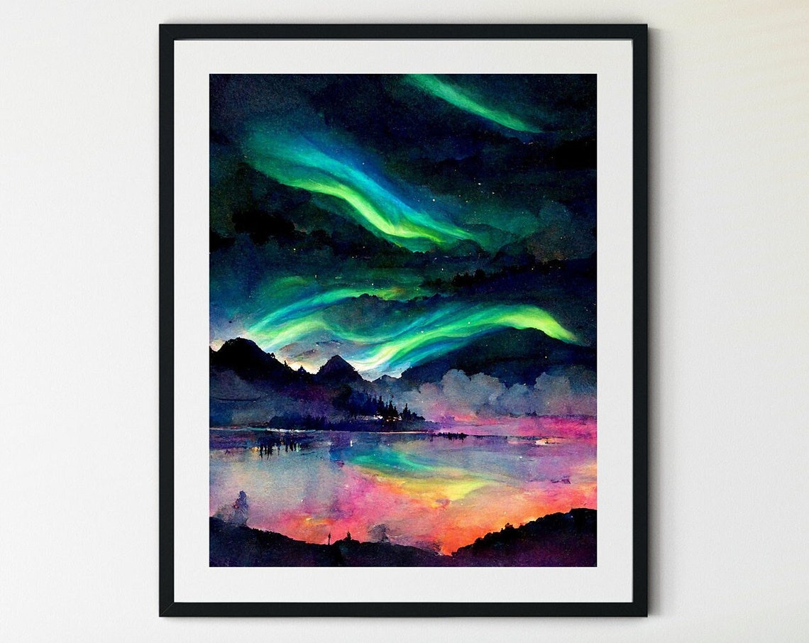 Aurora Borealis Mountain Lake Night Sky Watercolor Scenic Poster