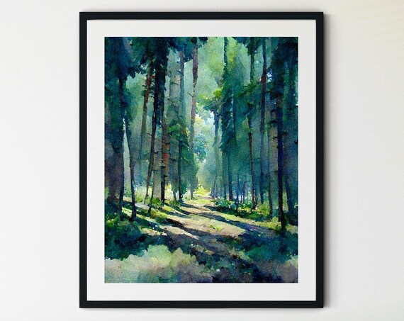 Sunlit Pine Forest Path Peaceful Serene Calm Watercolor Poster