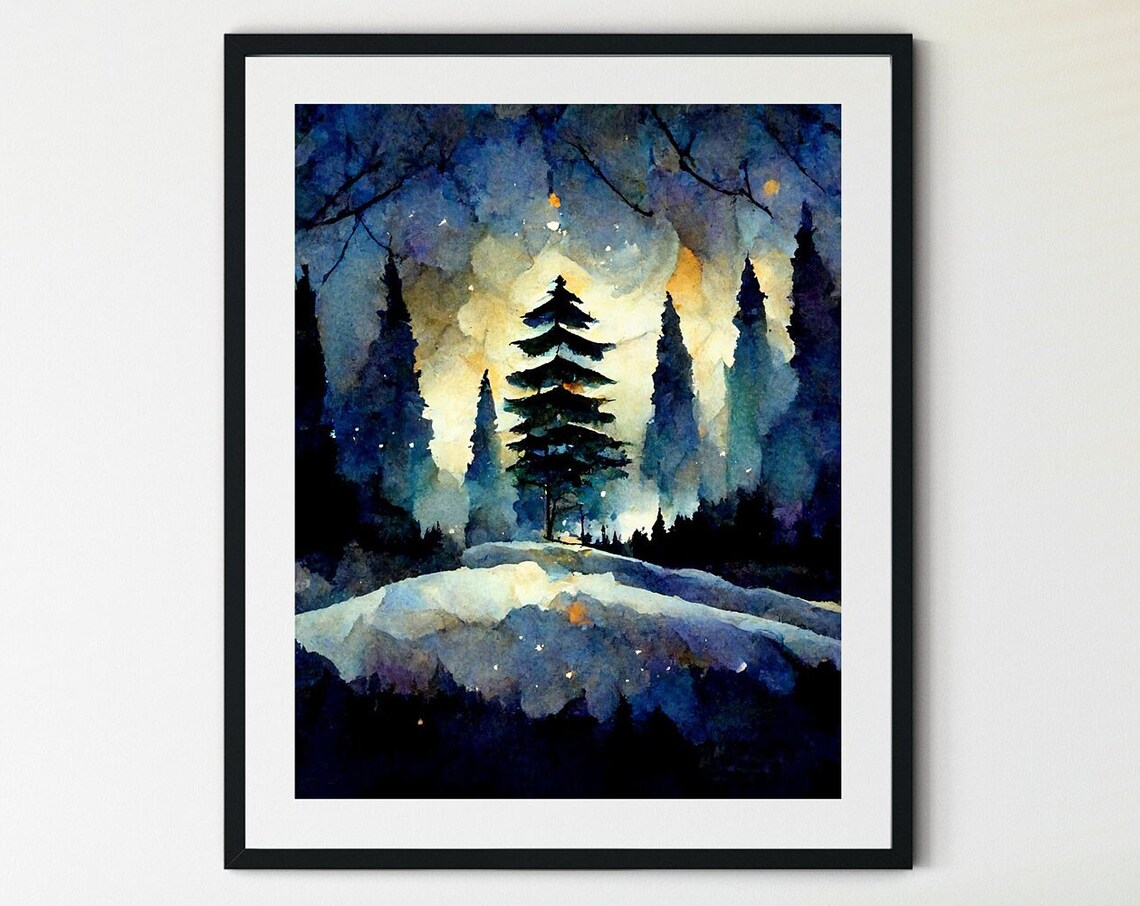 Winter Landscape Art Print, Snowy Pine Trees