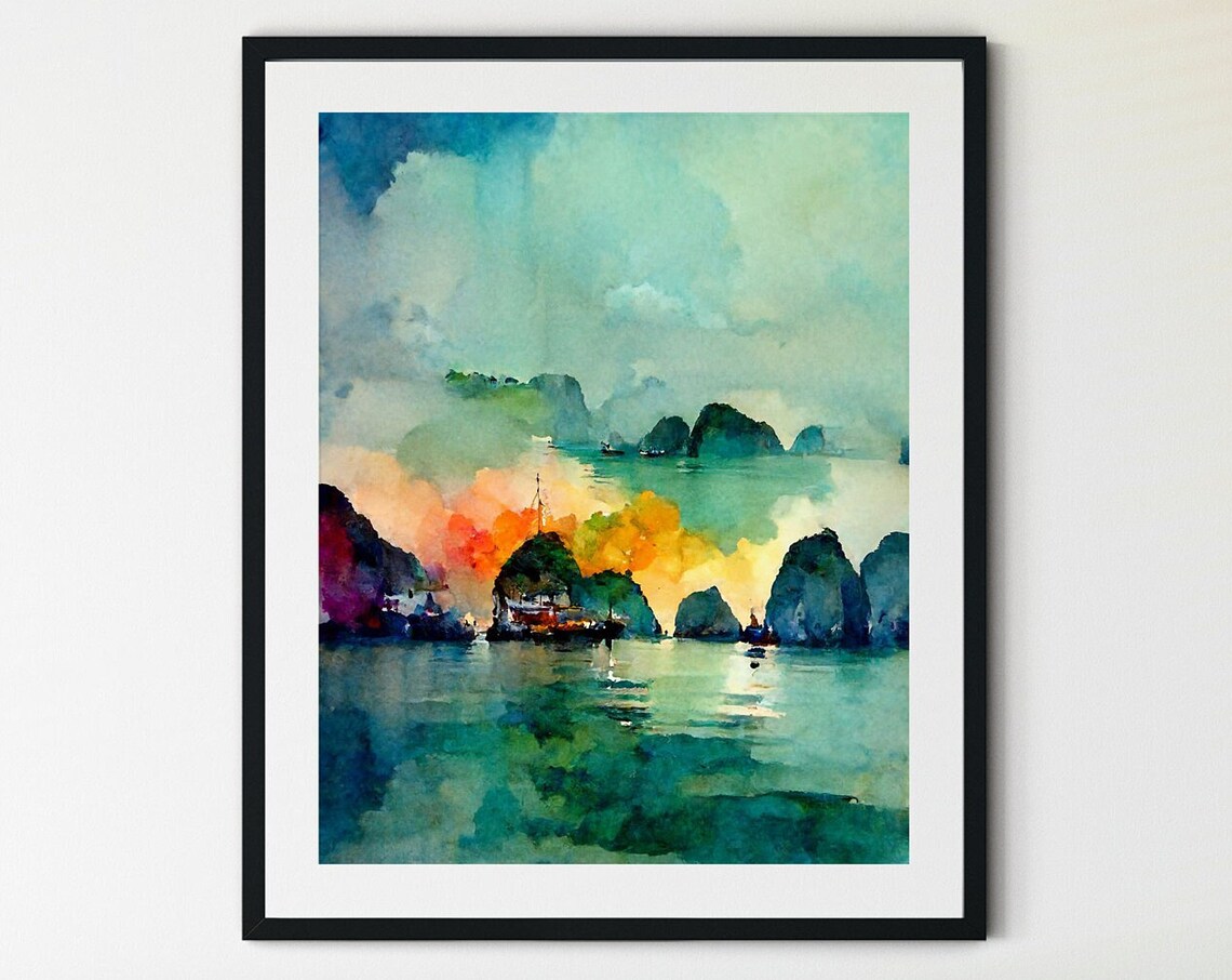 Ha Long Bay Vietnam Sunset Boats Karst Watercolor Travel Poster