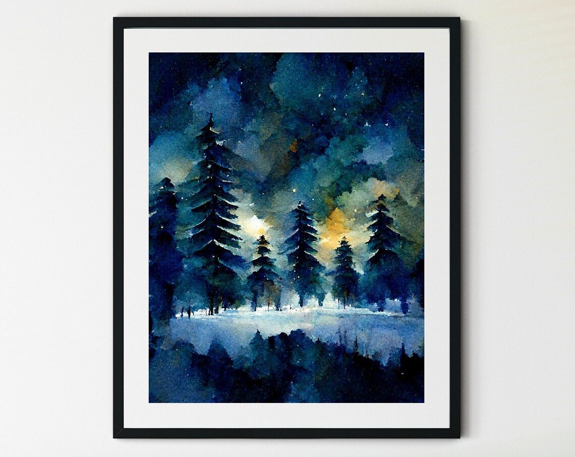 Winter Landscape Print, Snowy Trees and Pine Tree