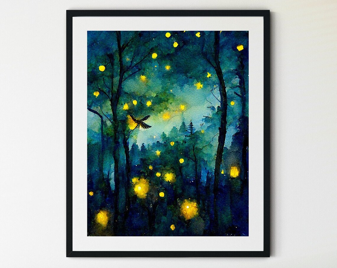 Firefly Night Sky Forest Art Print, Woodland Wall Art