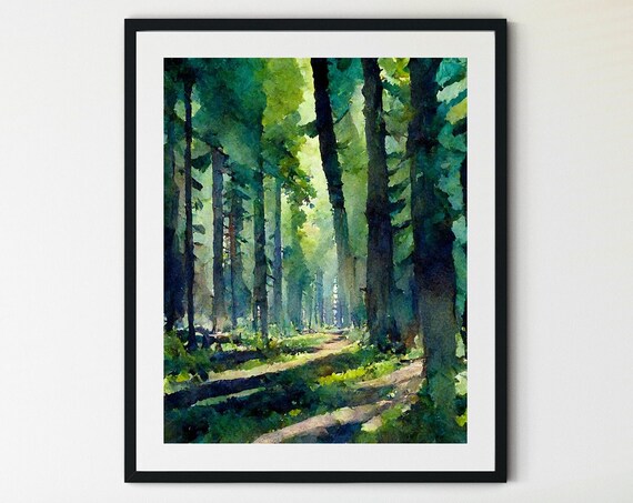 Misty Green Forest Sunlit Woodland Path Serene Watercolor Poster