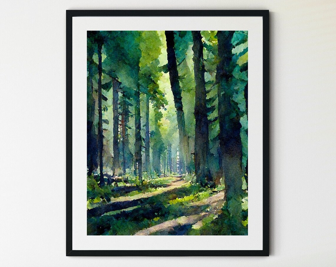 Misty Green Forest Sunlit Woodland Path Serene Watercolor Poster