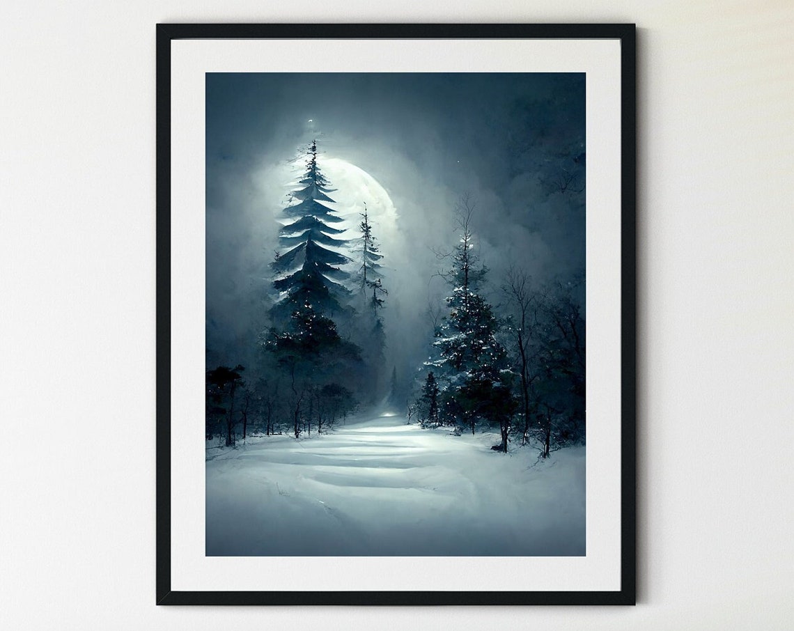 Moonlit Snowy Pine Forest Night Watercolor Winter Landscape Poster