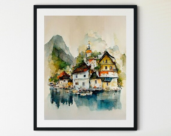 Hallstatt Austria Print Austria Painting Landscape Art Print Mountain Wall Art Mountain Wall Decor Mountain Print Mountain Lover Gift