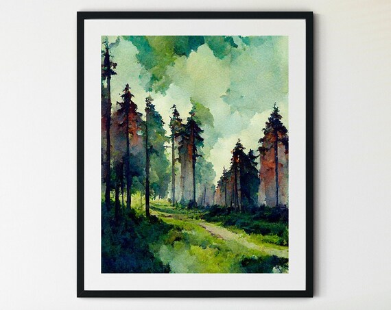 Tall Pine Trees Misty Woodland Trail Serene Watercolor Poster