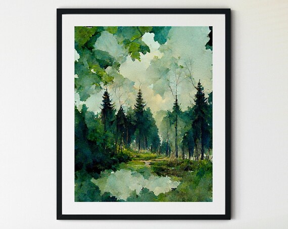 Misty Pine Forest Pond Reflective Calm Serene Watercolor Poster