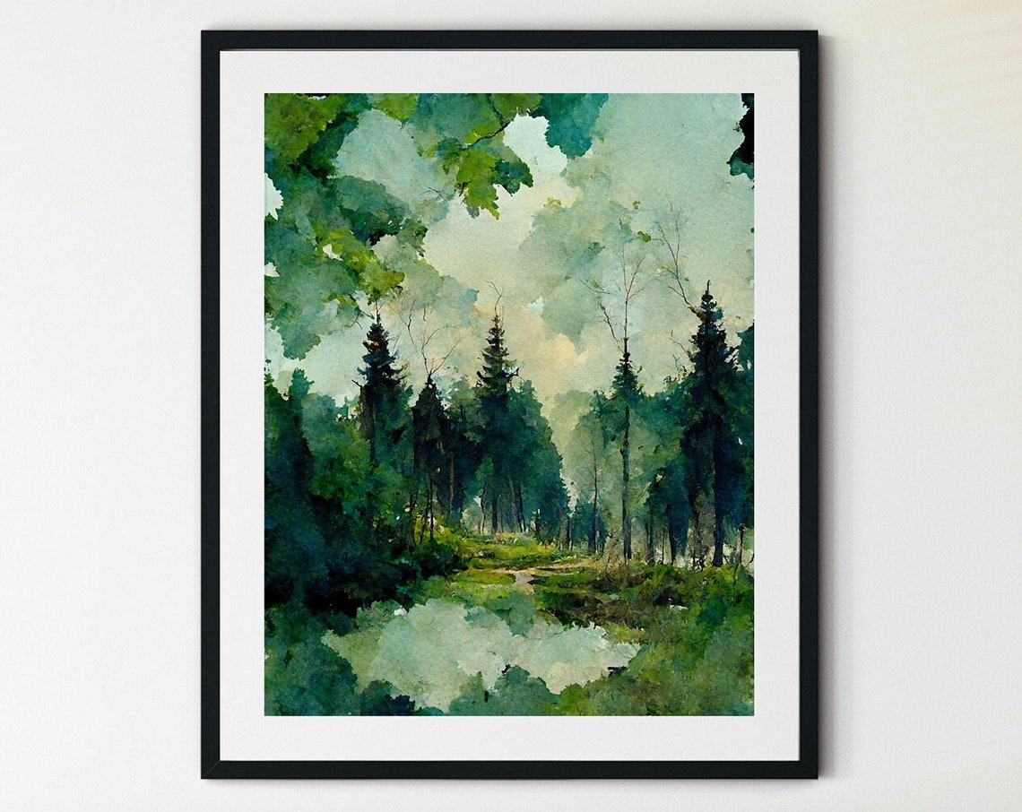 Misty Pine Forest Pond Reflective Calm Serene Watercolor Poster