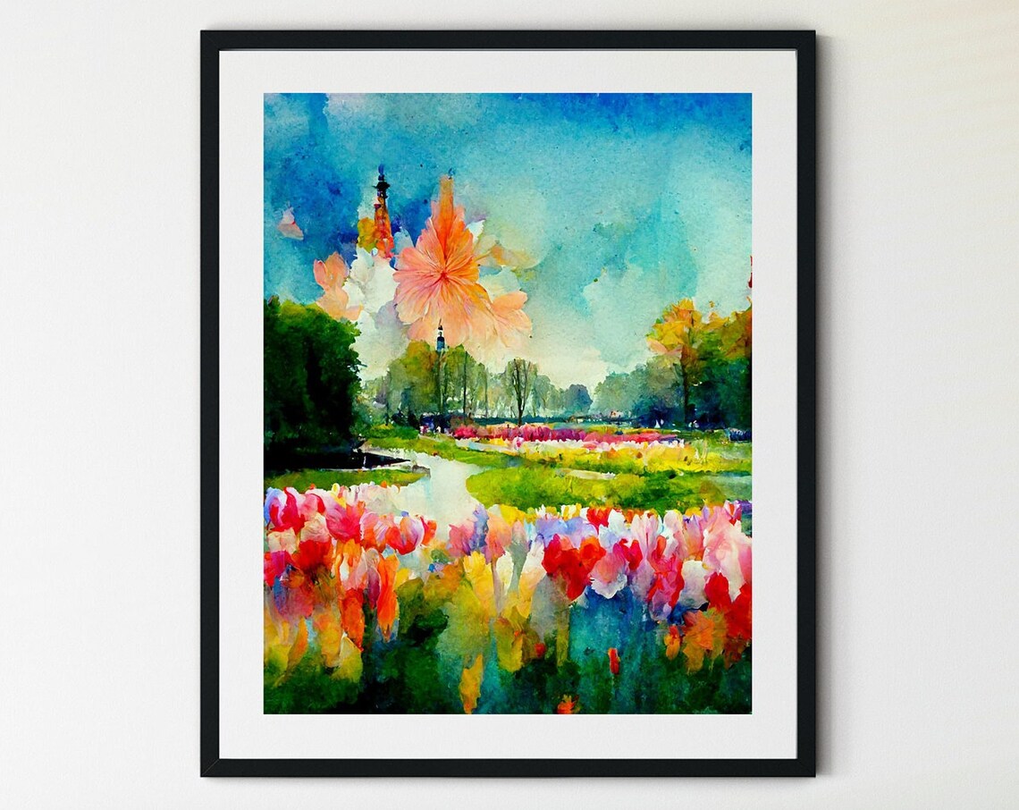 Keukenhof Tulips Dutch Windmill Spring Garden Watercolor Poster